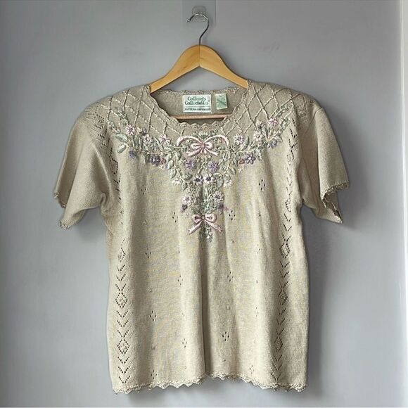 Vintage Cottage Core Knit Pearl Colleens Collectables Embroidered Sweater - Picture 1 of 7
